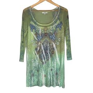 Y2K Lime Green Mesh Lace Top Blouse XL Fairy Fairycore Tunic Jeweled Tattoo